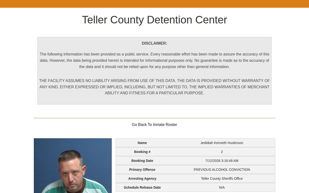 Teller County 72-hour release detail page for a released inmate