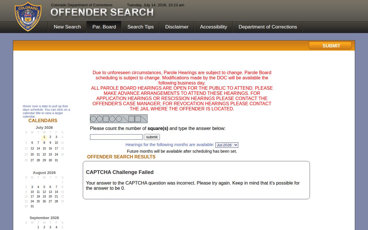Teller County parole and probation CDOC parole calendar