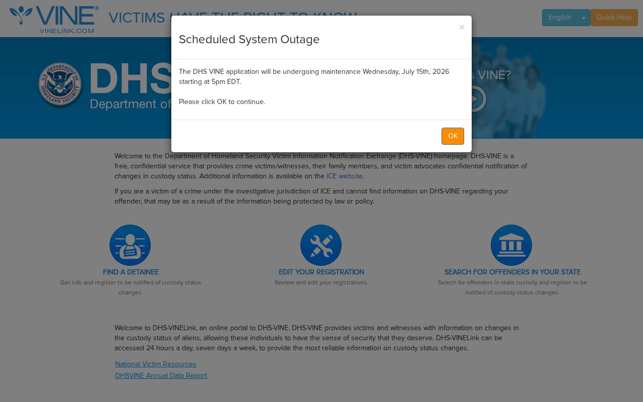 Teller County VINE inmate check notification page